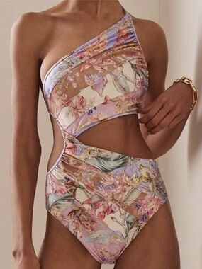 Zimmermann Floral One-Shoulder Cutout Swimsuit - Pastel Floral